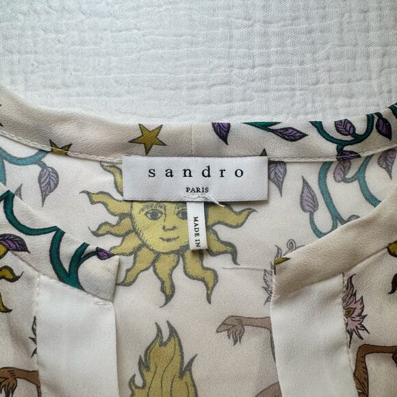 Sandro Azucar Print Blouse Chiffon Off White Cream Women’s 1 (Small) Celestial - Picture 14 of 16